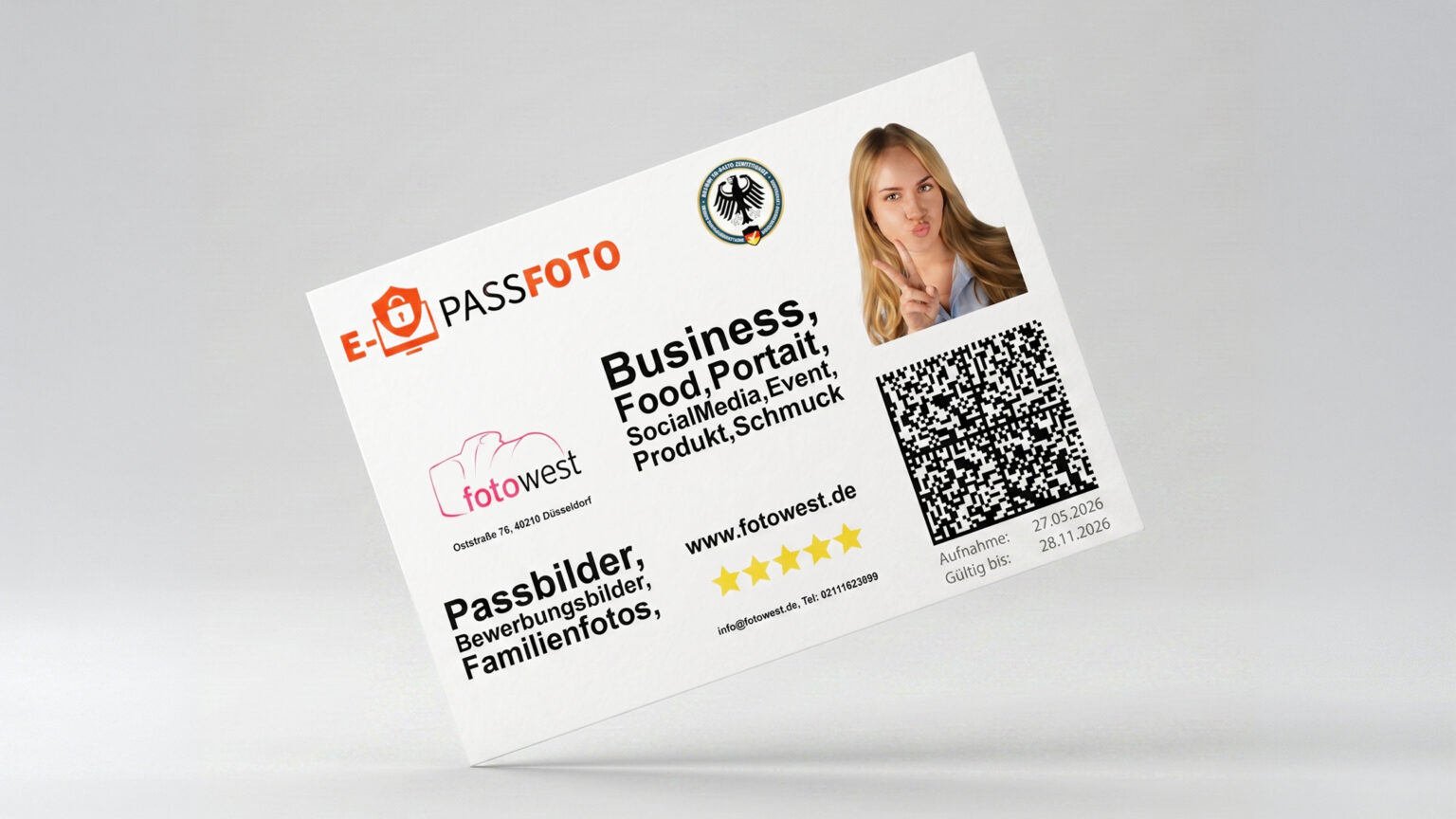 E-Passbild von Fotowest mit QR-Code zur digitalen Übermittlung ans Amt